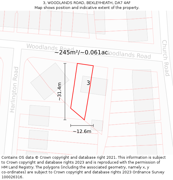 3, WOODLANDS ROAD, BEXLEYHEATH, DA7 4AF: Plot and title map