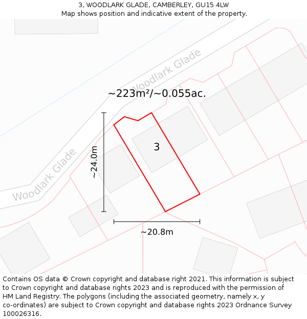 3, WOODLARK GLADE, CAMBERLEY, GU15 4LW: Plot and title map