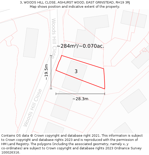 3, WOODS HILL CLOSE, ASHURST WOOD, EAST GRINSTEAD, RH19 3RJ: Plot and title map