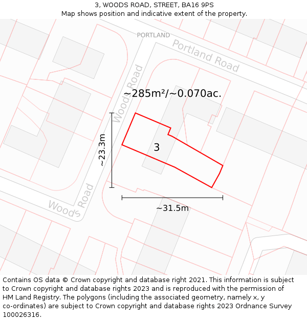 3, WOODS ROAD, STREET, BA16 9PS: Plot and title map