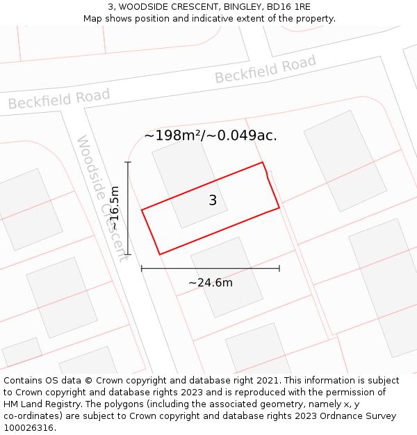 3, WOODSIDE CRESCENT, BINGLEY, BD16 1RE: Plot and title map