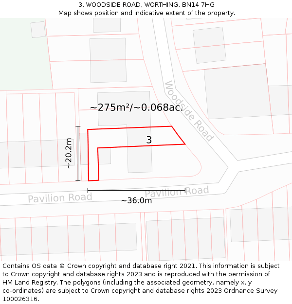 3, WOODSIDE ROAD, WORTHING, BN14 7HG: Plot and title map