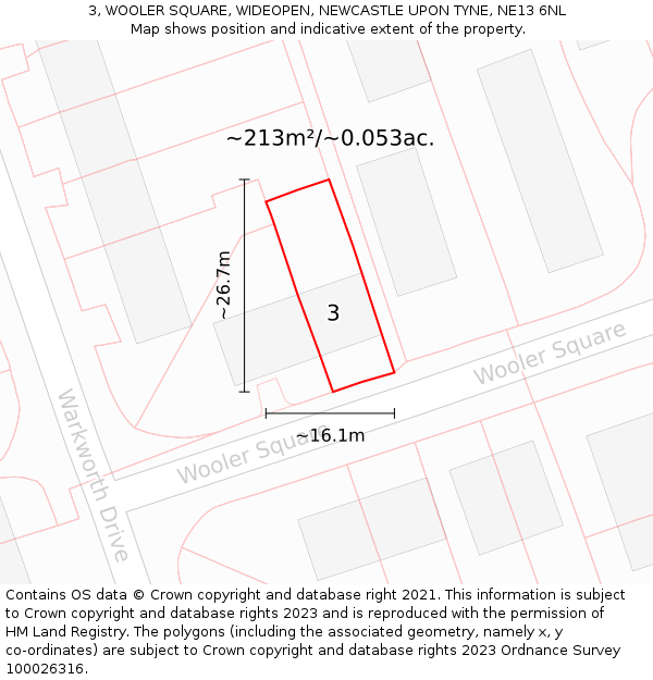 3, WOOLER SQUARE, WIDEOPEN, NEWCASTLE UPON TYNE, NE13 6NL: Plot and title map