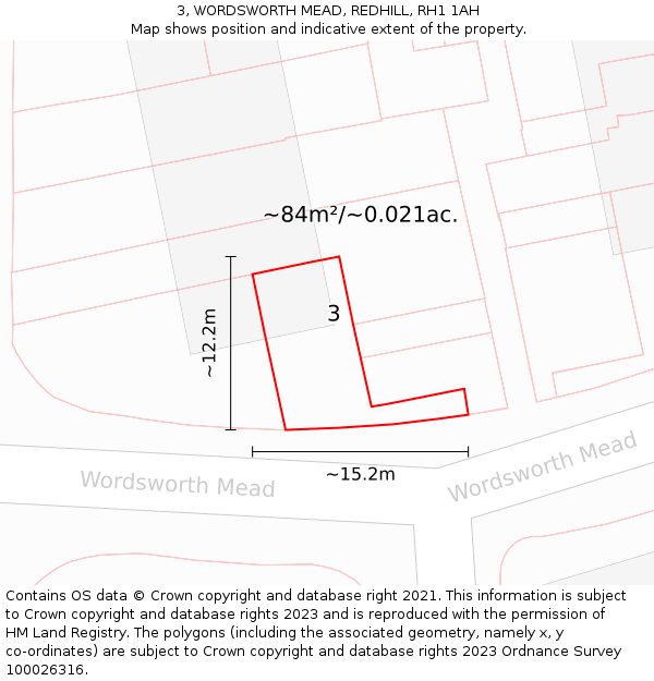 3, WORDSWORTH MEAD, REDHILL, RH1 1AH: Plot and title map