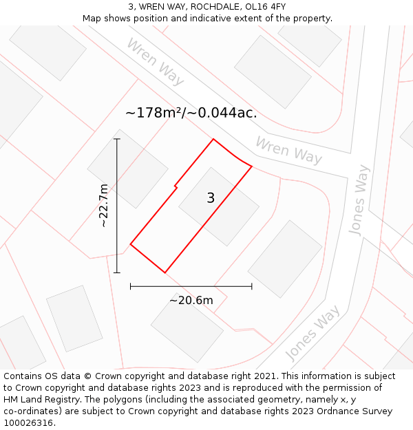 3, WREN WAY, ROCHDALE, OL16 4FY: Plot and title map