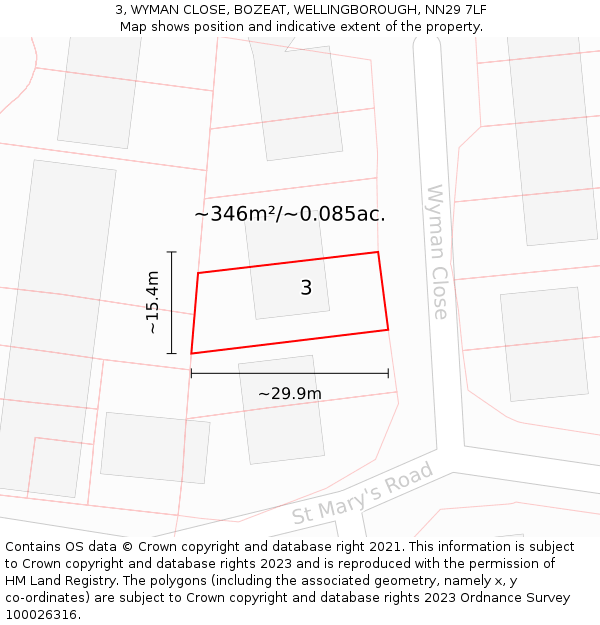 3, WYMAN CLOSE, BOZEAT, WELLINGBOROUGH, NN29 7LF: Plot and title map