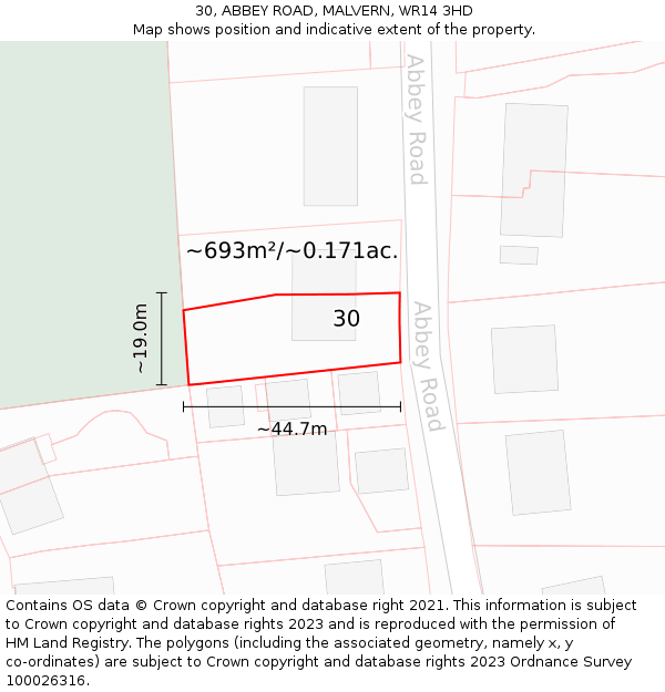 30, ABBEY ROAD, MALVERN, WR14 3HD: Plot and title map