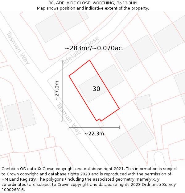 30, ADELAIDE CLOSE, WORTHING, BN13 3HN: Plot and title map