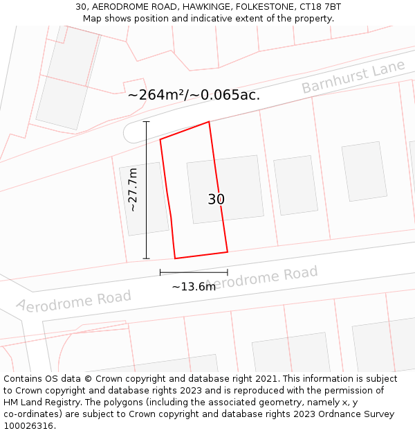 30, AERODROME ROAD, HAWKINGE, FOLKESTONE, CT18 7BT: Plot and title map