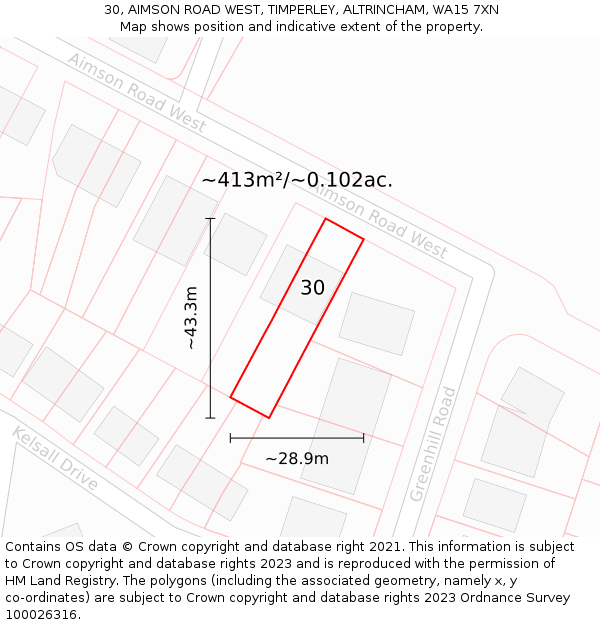 30, AIMSON ROAD WEST, TIMPERLEY, ALTRINCHAM, WA15 7XN: Plot and title map