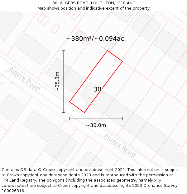 30, ALGERS ROAD, LOUGHTON, IG10 4NG: Plot and title map