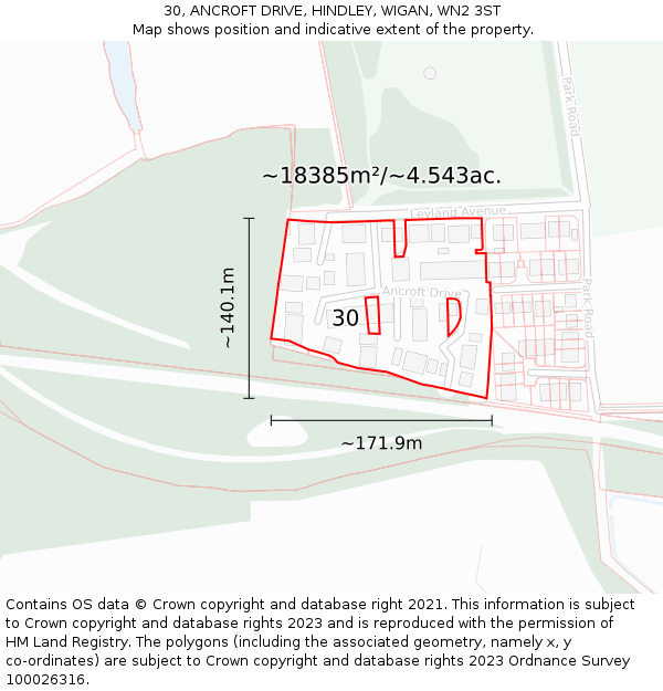 30, ANCROFT DRIVE, HINDLEY, WIGAN, WN2 3ST: Plot and title map