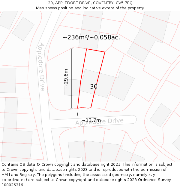 30, APPLEDORE DRIVE, COVENTRY, CV5 7PQ: Plot and title map