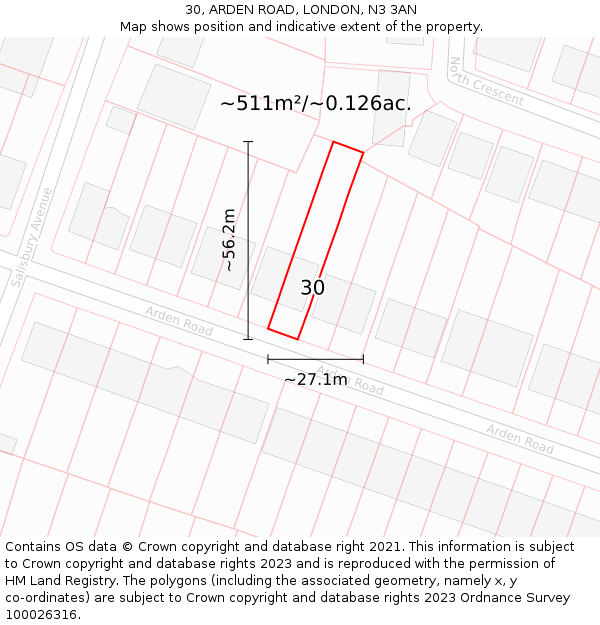 30, ARDEN ROAD, LONDON, N3 3AN: Plot and title map