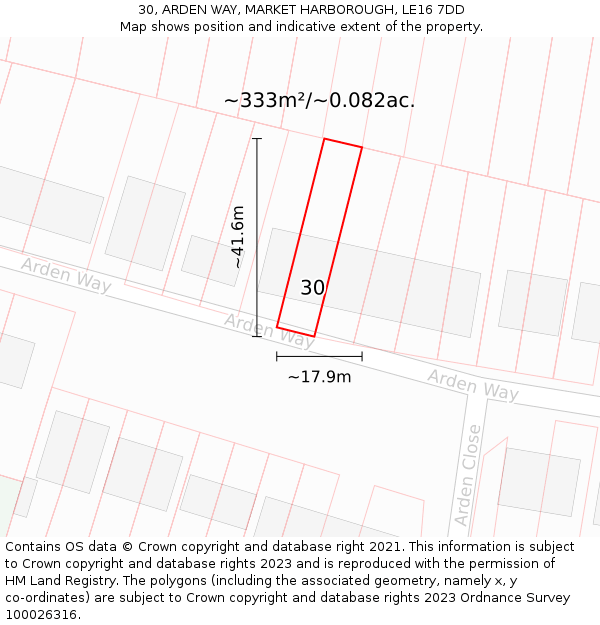 30, ARDEN WAY, MARKET HARBOROUGH, LE16 7DD: Plot and title map