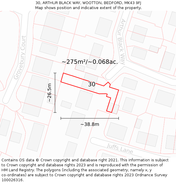 30, ARTHUR BLACK WAY, WOOTTON, BEDFORD, MK43 9FJ: Plot and title map