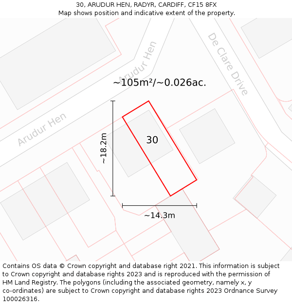 30, ARUDUR HEN, RADYR, CARDIFF, CF15 8FX: Plot and title map