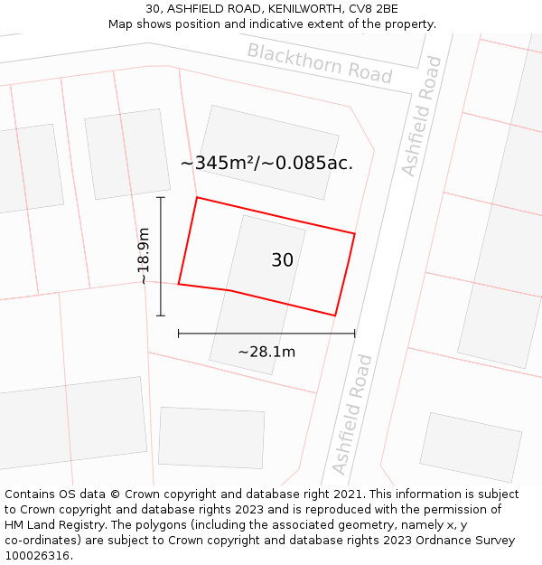 30, ASHFIELD ROAD, KENILWORTH, CV8 2BE: Plot and title map