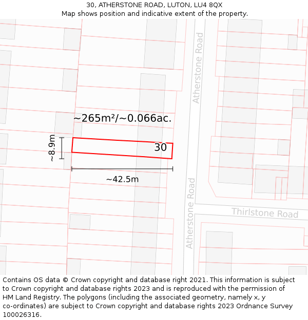 30, ATHERSTONE ROAD, LUTON, LU4 8QX: Plot and title map