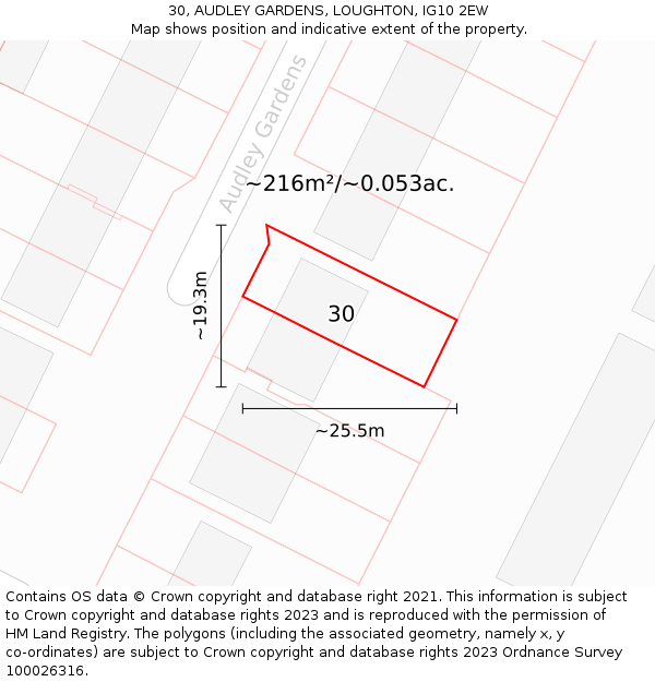 30, AUDLEY GARDENS, LOUGHTON, IG10 2EW: Plot and title map