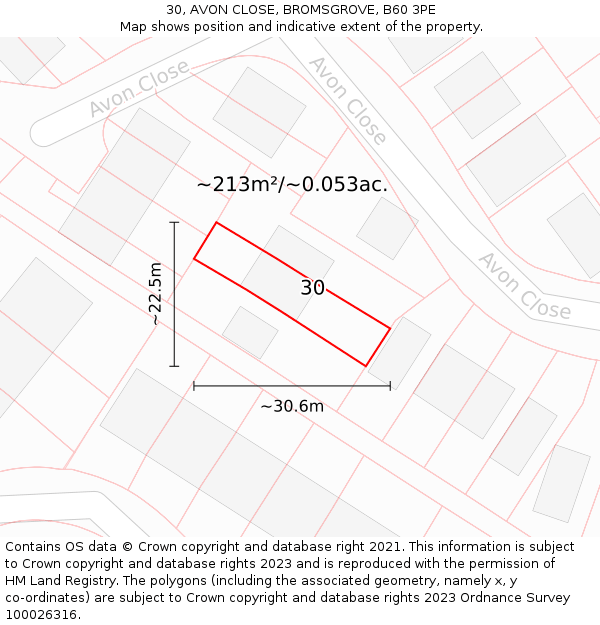 30, AVON CLOSE, BROMSGROVE, B60 3PE: Plot and title map