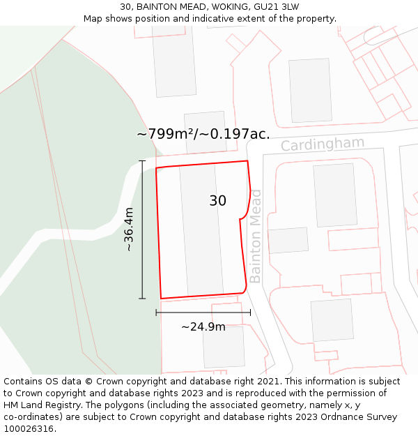 30, BAINTON MEAD, WOKING, GU21 3LW: Plot and title map