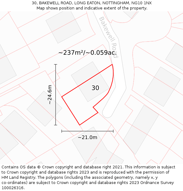 30, BAKEWELL ROAD, LONG EATON, NOTTINGHAM, NG10 1NX: Plot and title map