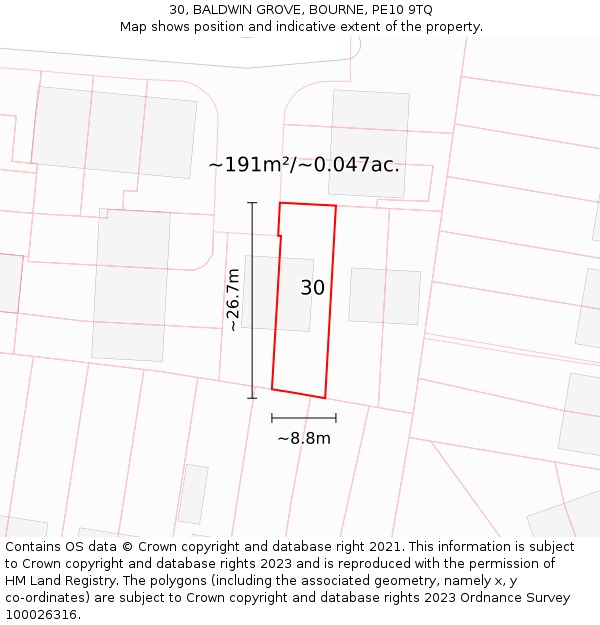 30, BALDWIN GROVE, BOURNE, PE10 9TQ: Plot and title map