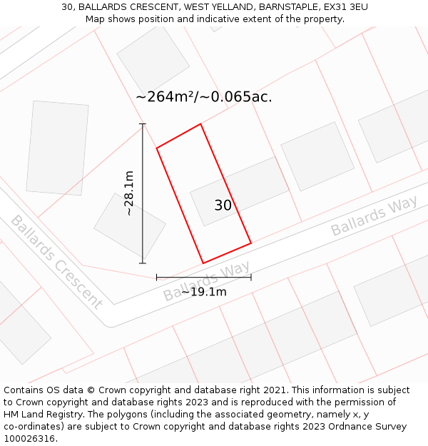 30, BALLARDS CRESCENT, WEST YELLAND, BARNSTAPLE, EX31 3EU: Plot and title map