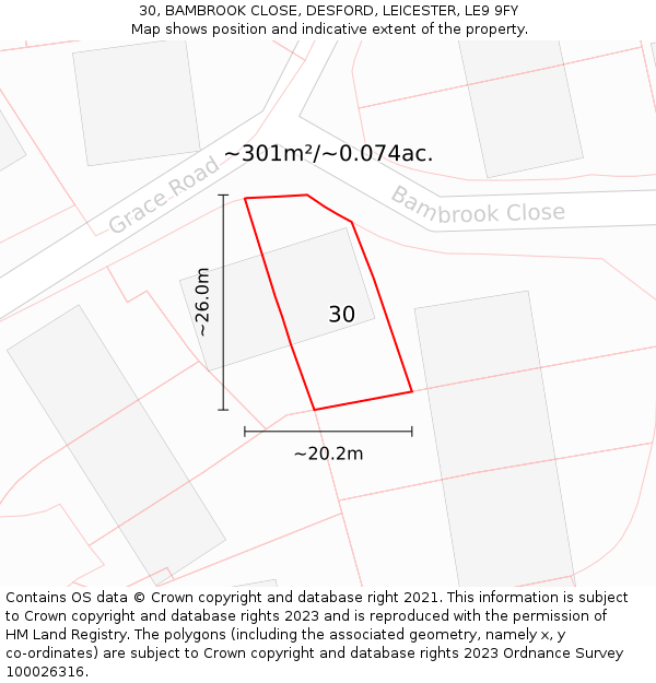 30, BAMBROOK CLOSE, DESFORD, LEICESTER, LE9 9FY: Plot and title map