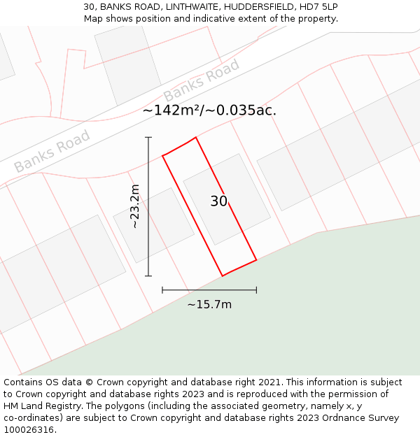 30, BANKS ROAD, LINTHWAITE, HUDDERSFIELD, HD7 5LP: Plot and title map