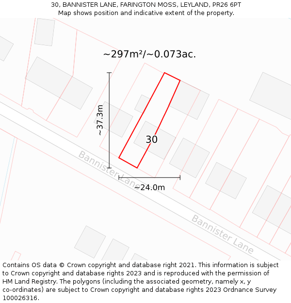 30, BANNISTER LANE, FARINGTON MOSS, LEYLAND, PR26 6PT: Plot and title map