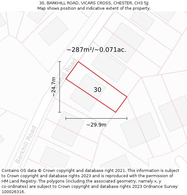 30, BARKHILL ROAD, VICARS CROSS, CHESTER, CH3 5JJ: Plot and title map