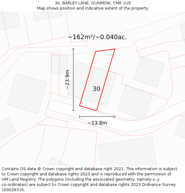 30, BARLEY LANE, DUNMOW, CM6 1US: Plot and title map