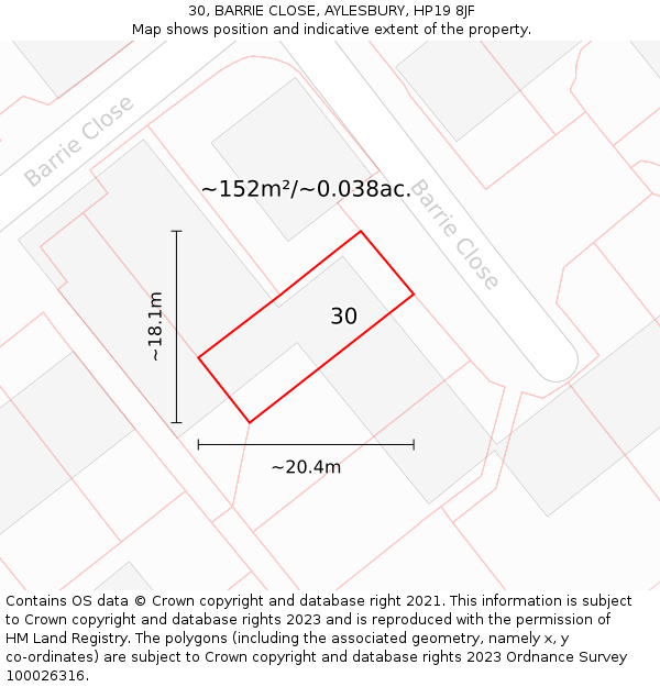 30, BARRIE CLOSE, AYLESBURY, HP19 8JF: Plot and title map