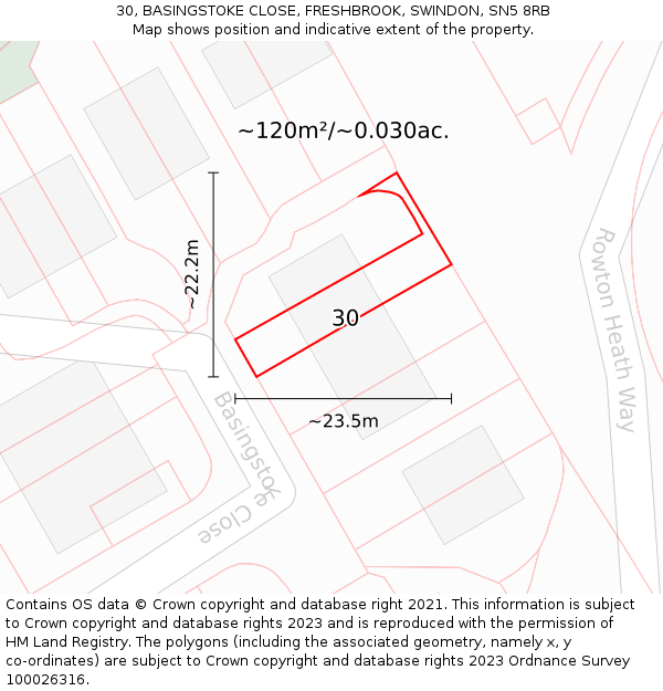 30, BASINGSTOKE CLOSE, FRESHBROOK, SWINDON, SN5 8RB: Plot and title map