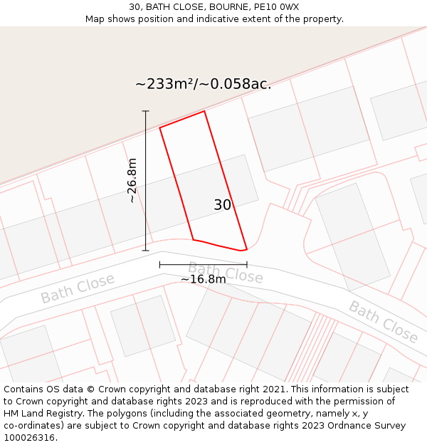 30, BATH CLOSE, BOURNE, PE10 0WX: Plot and title map