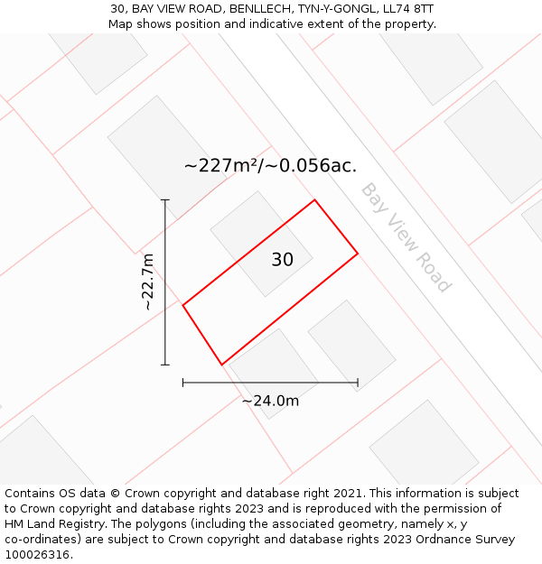 30, BAY VIEW ROAD, BENLLECH, TYN-Y-GONGL, LL74 8TT: Plot and title map