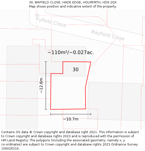 30, BAYFIELD CLOSE, HADE EDGE, HOLMFIRTH, HD9 2QX: Plot and title map