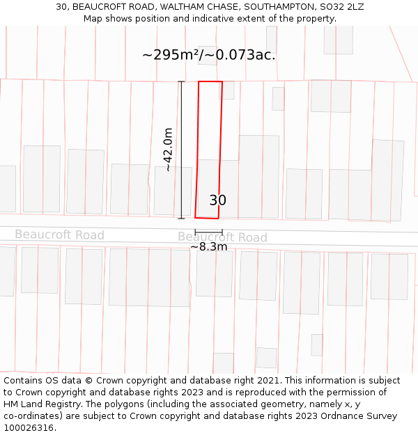 30, BEAUCROFT ROAD, WALTHAM CHASE, SOUTHAMPTON, SO32 2LZ: Plot and title map