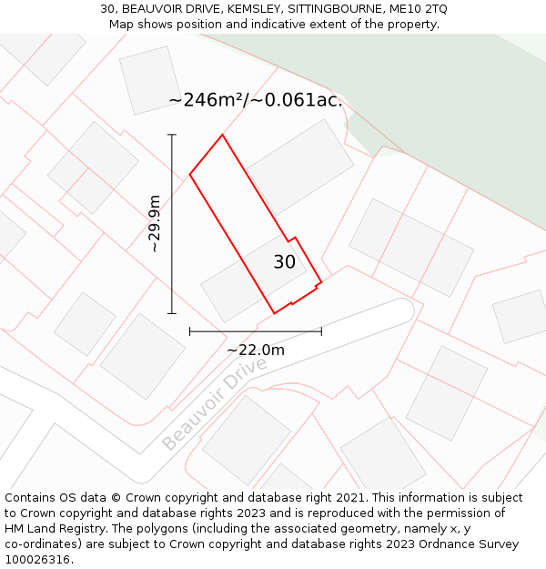 30, BEAUVOIR DRIVE, KEMSLEY, SITTINGBOURNE, ME10 2TQ: Plot and title map