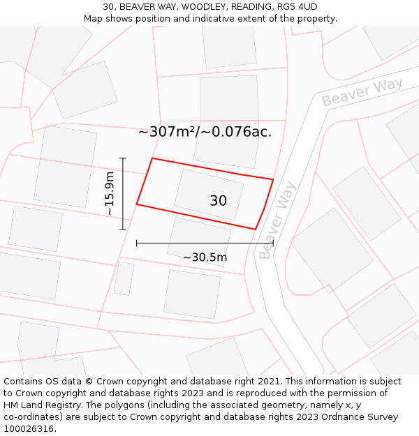 30, BEAVER WAY, WOODLEY, READING, RG5 4UD: Plot and title map