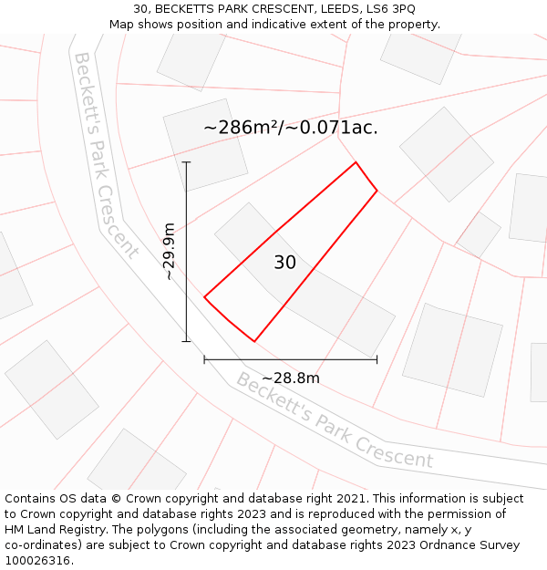 30, BECKETTS PARK CRESCENT, LEEDS, LS6 3PQ: Plot and title map