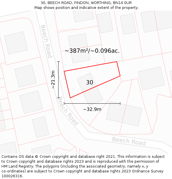 30, BEECH ROAD, FINDON, WORTHING, BN14 0UR: Plot and title map