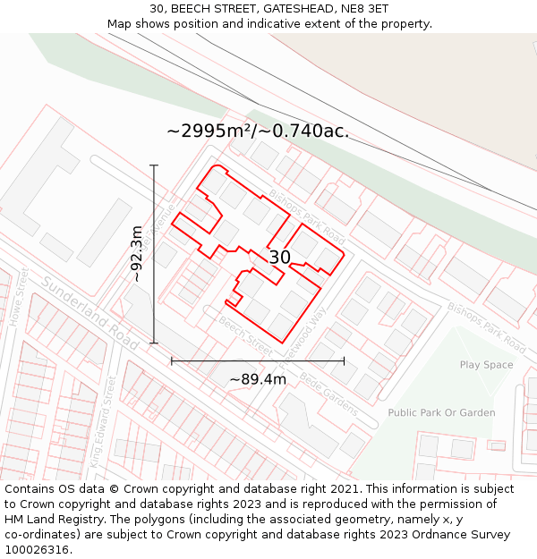 30, BEECH STREET, GATESHEAD, NE8 3ET: Plot and title map