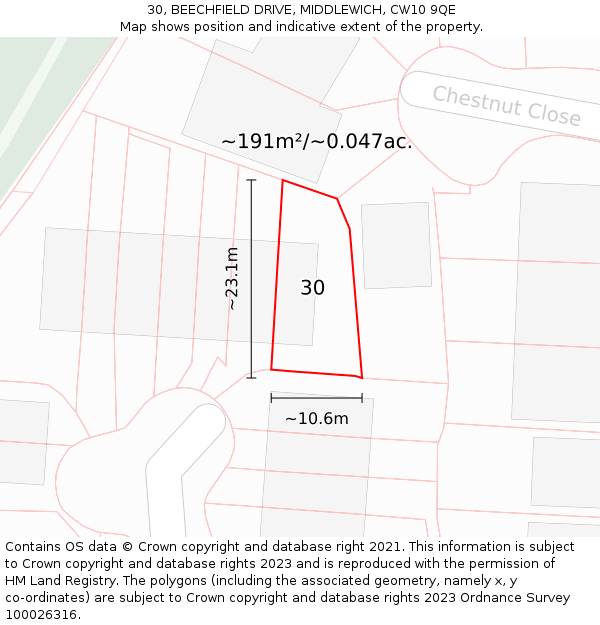 30, BEECHFIELD DRIVE, MIDDLEWICH, CW10 9QE: Plot and title map