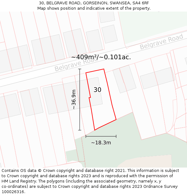 30, BELGRAVE ROAD, GORSEINON, SWANSEA, SA4 6RF: Plot and title map