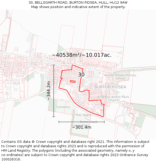 30, BELLSGARTH ROAD, BURTON PIDSEA, HULL, HU12 9AW: Plot and title map