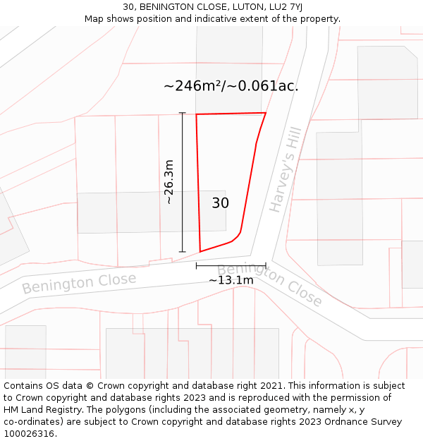 30, BENINGTON CLOSE, LUTON, LU2 7YJ: Plot and title map