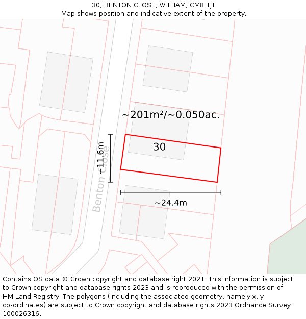 30, BENTON CLOSE, WITHAM, CM8 1JT: Plot and title map